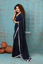 Very Much Indian Taapsee - Designer! Pure Mul Cotton Saree with Sleek Border - Dark Blue | Grocsy