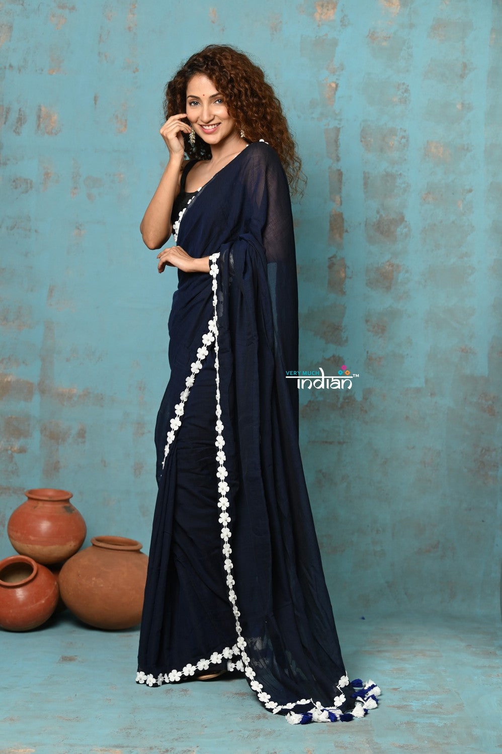 Very Much Indian Taapsee - Designer! Pure Mul Cotton Saree with Sleek Border - Dark Blue | Grocsy