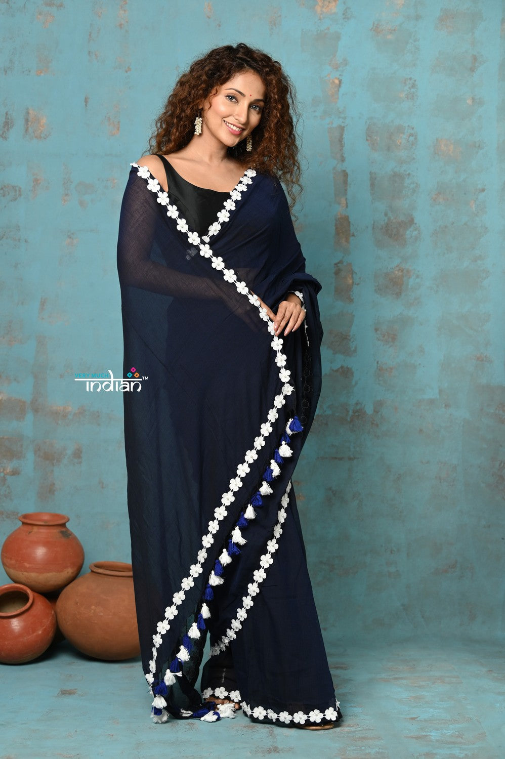 Very Much Indian Taapsee - Designer! Pure Mul Cotton Saree with Sleek Border - Dark Blue | Grocsy