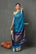 Very Much Indian Handloom Pure Cotton Silk Saree With Golden Border - Blue | Grocsy