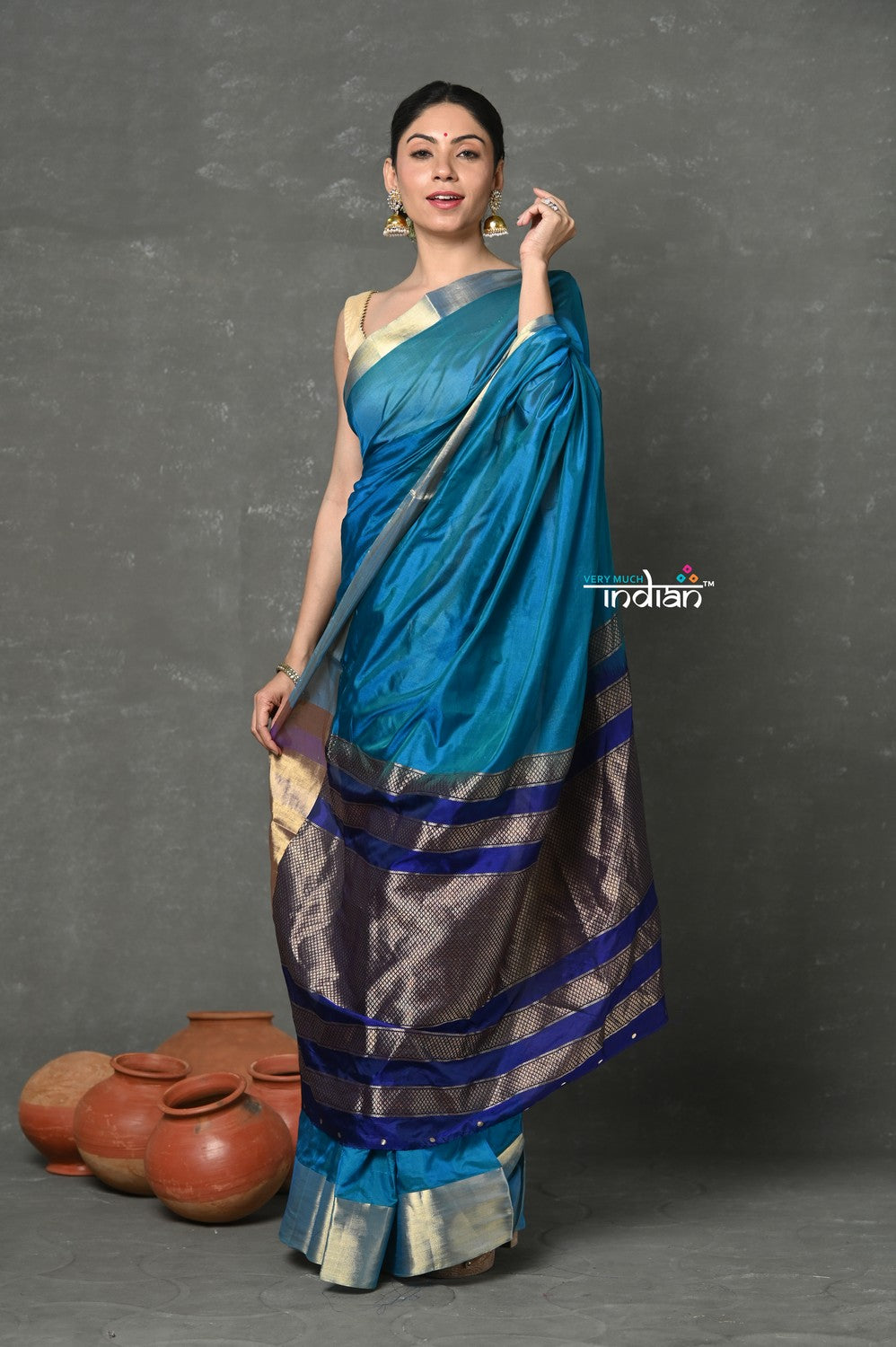 Very Much Indian Handloom Pure Cotton Silk Saree With Golden Border - Blue | Grocsy
