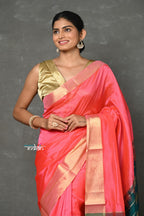 Very Much Indian Tyohaar - Handloom Pure Chanderi Cotton Silk Saree With Golden Border - Pink | Grocsy