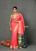 Very Much Indian Tyohaar - Handloom Pure Chanderi Cotton Silk Saree With Golden Border - Pink | Grocsy
