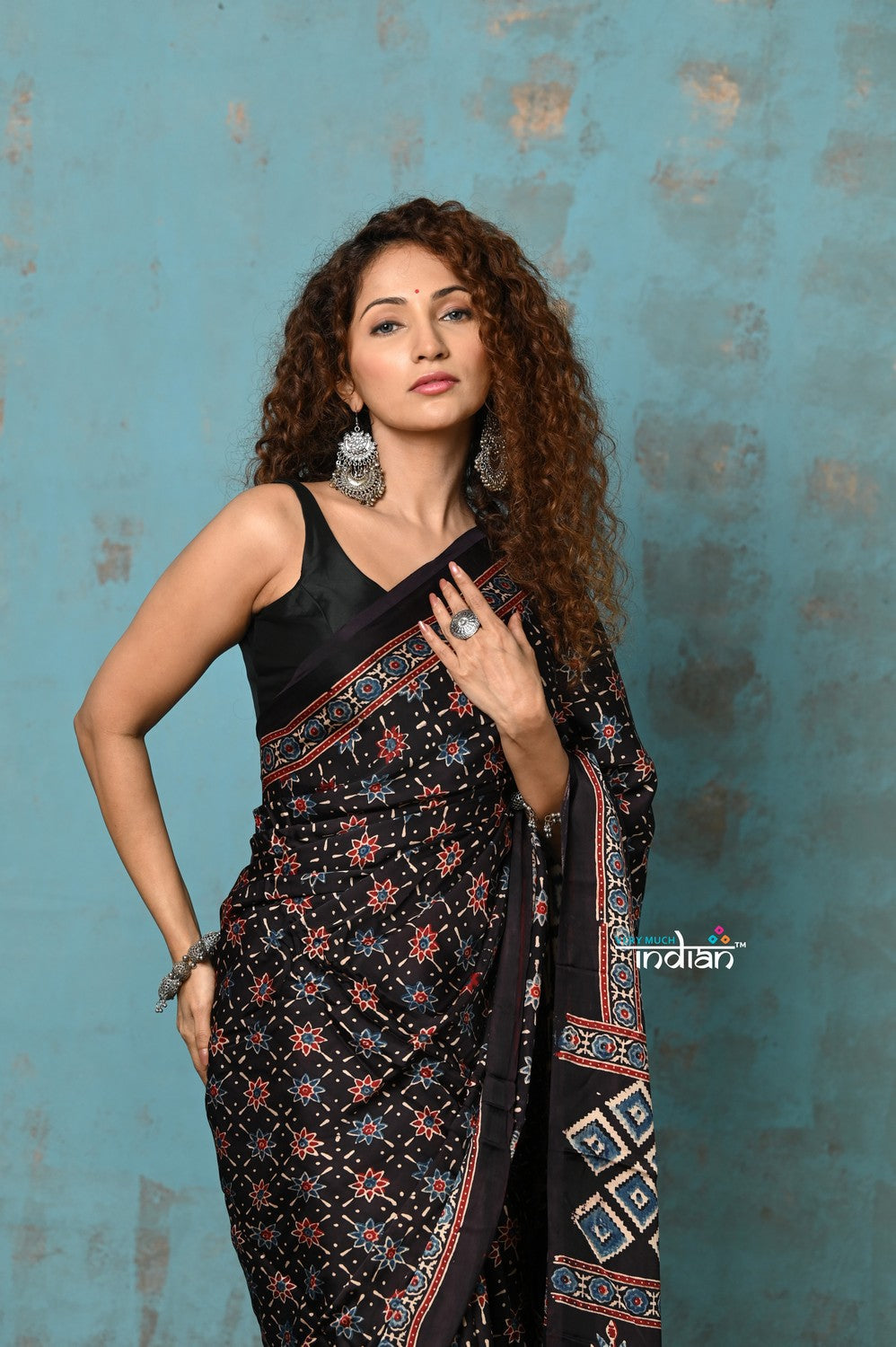 Very Much Indian Handloom Modal Silk Saree With Ajrakh Handblock Print With Eco-Friendly Vegetable Dye- Black Hue | Grocsy