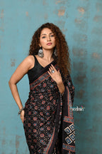 Very Much Indian Handloom Modal Silk Saree With Ajrakh Handblock Print With Eco-Friendly Vegetable Dye- Black Hue | Grocsy