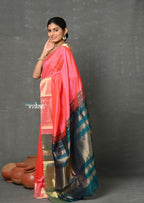Very Much Indian Handloom Pure Cotton Silk Saree With Golden Border - Pink | Grocsy