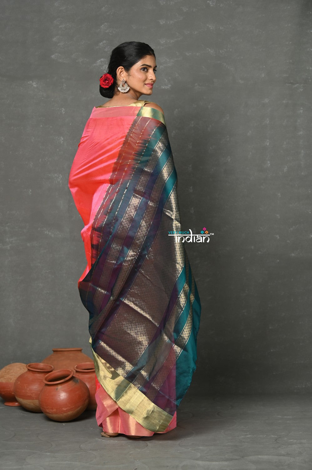 Very Much Indian Handloom Pure Cotton Silk Saree With Golden Border - Pink | Grocsy