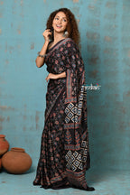 Very Much Indian Handloom Modal Silk Saree With Ajrakh Handblock Print With Eco-Friendly Vegetable Dye- Black Hue | Grocsy