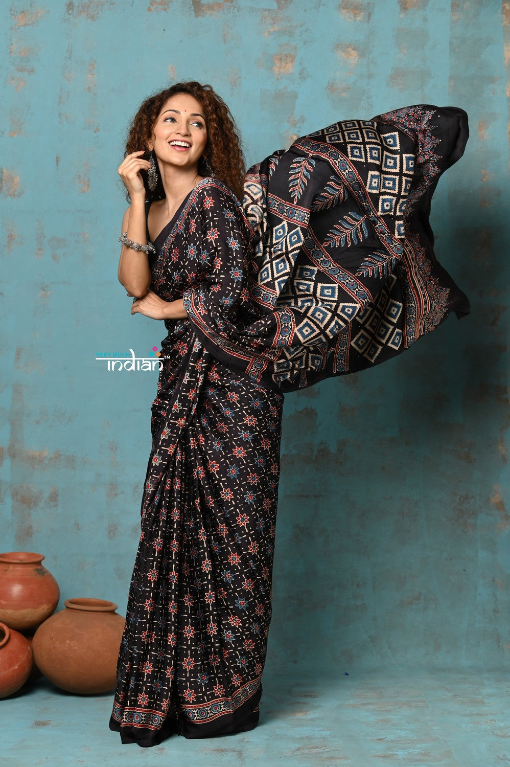 Very Much Indian Handloom Modal Silk Saree With Ajrakh Handblock Print With Eco-Friendly Vegetable Dye- Black Hue | Grocsy