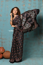 Very Much Indian Handloom Modal Silk Saree With Ajrakh Handblock Print With Eco-Friendly Vegetable Dye- Black Hue | Grocsy