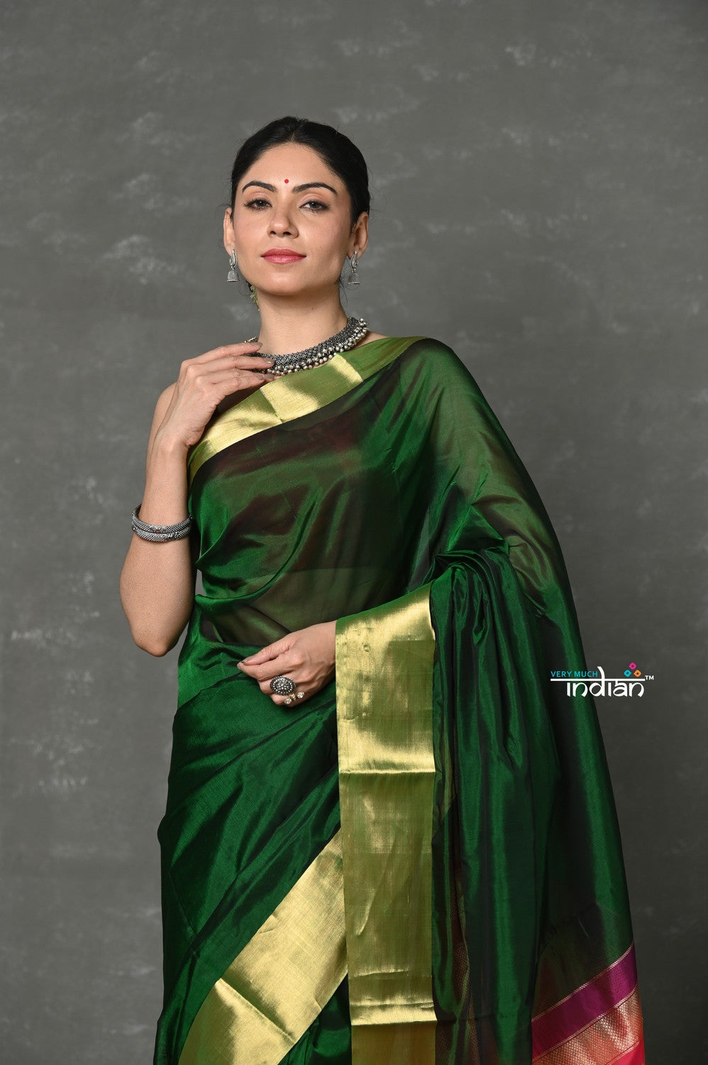 Very Much Indian Handloom Pure Cotton Silk Saree With Golden Border - Green | Grocsy