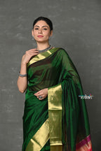 Very Much Indian Handloom Pure Cotton Silk Saree With Golden Border - Green | Grocsy