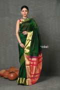 Very Much Indian Handloom Pure Cotton Silk Saree With Golden Border - Green | Grocsy