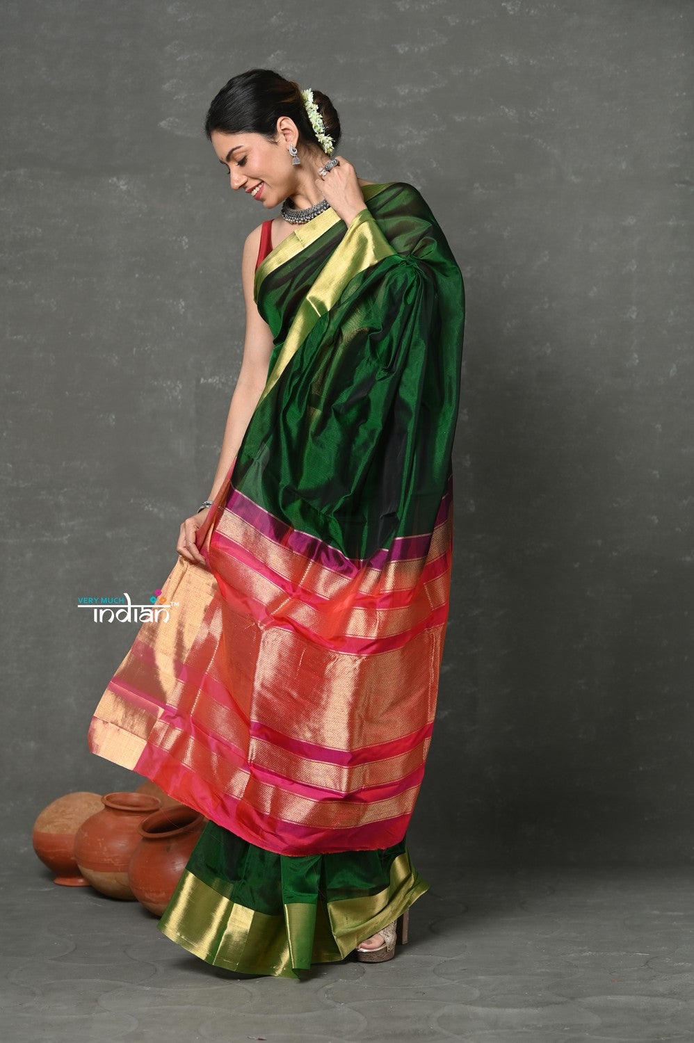 Very Much Indian Handloom Pure Cotton Silk Saree With Golden Border - Green | Grocsy