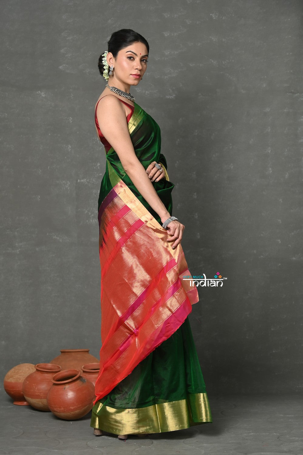 Very Much Indian Handloom Pure Cotton Silk Saree With Golden Border - Green | Grocsy