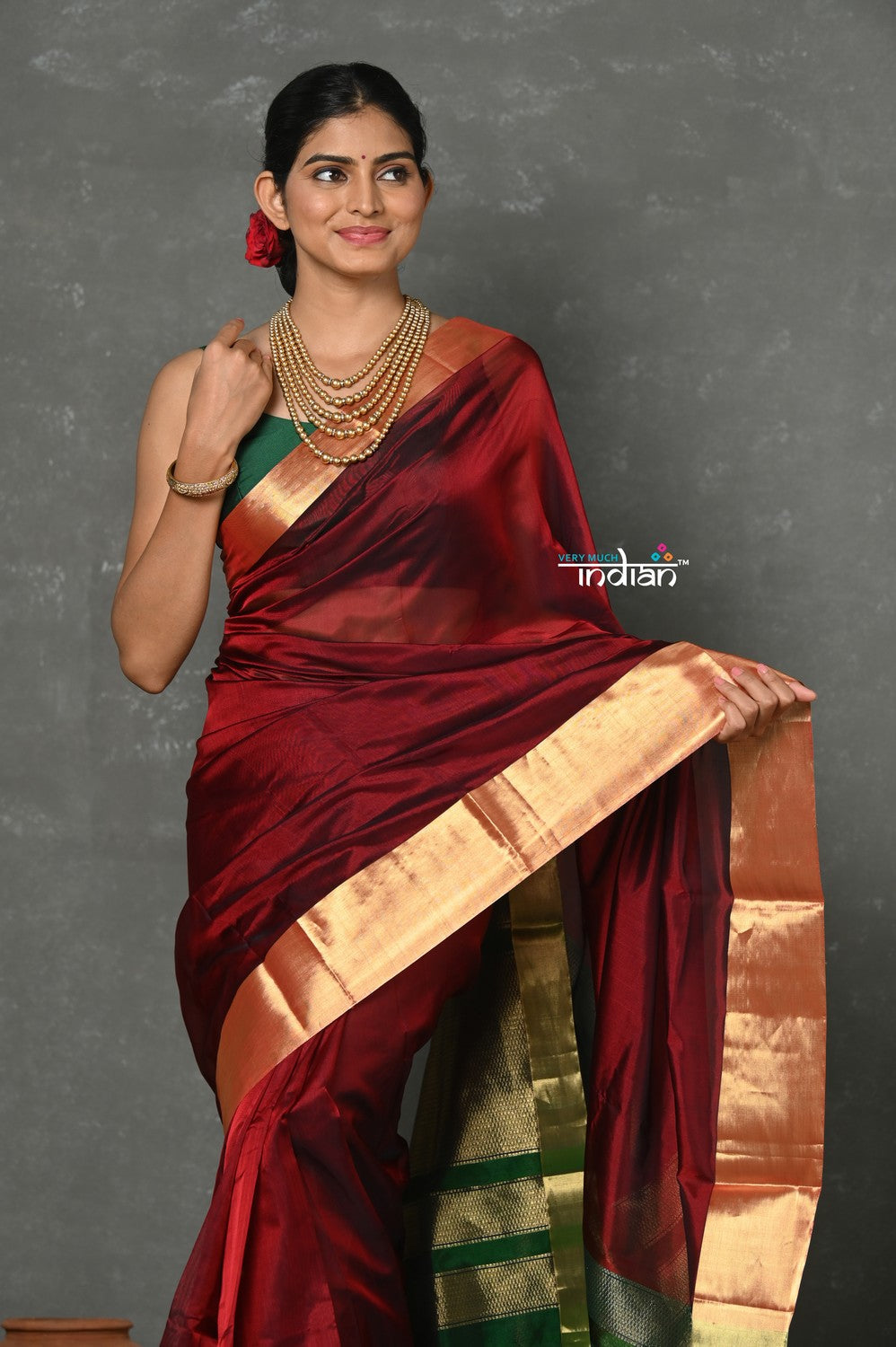 Very Much Indian Tyohaar - Handloom Pure Chanderi Cotton Silk Saree With Golden Border - Maroon | Grocsy