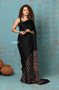 Very Much Indian Handloom Modal Silk Saree With Ajrakh Handblock Print With Eco-Friendly Vegetable Dye - Serene Black | Grocsy