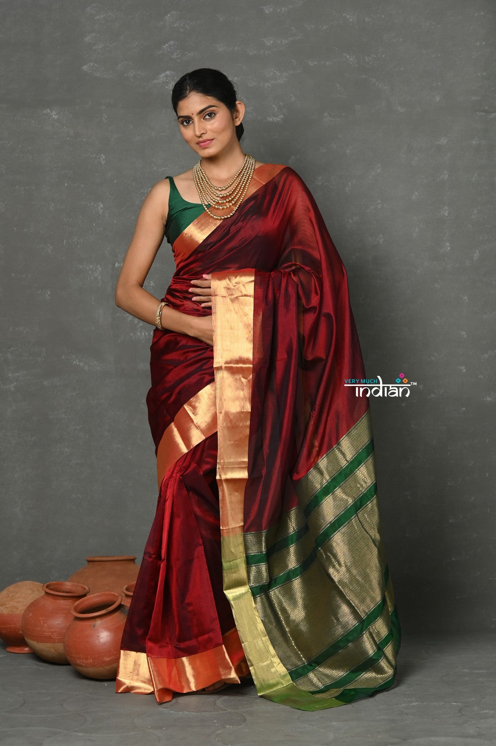Very Much Indian Handloom Pure Cotton Silk Saree With Golden Border - Maroon | Grocsy