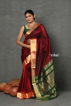 Very Much Indian Handloom Pure Cotton Silk Saree With Golden Border - Maroon | Grocsy