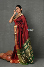 Very Much Indian Handloom Pure Cotton Silk Saree With Golden Border - Maroon | Grocsy