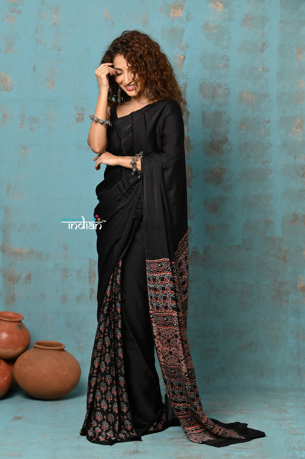 Very Much Indian Handloom Modal Silk Saree With Ajrakh Handblock Print With Eco-Friendly Vegetable Dye - Serene Black | Grocsy