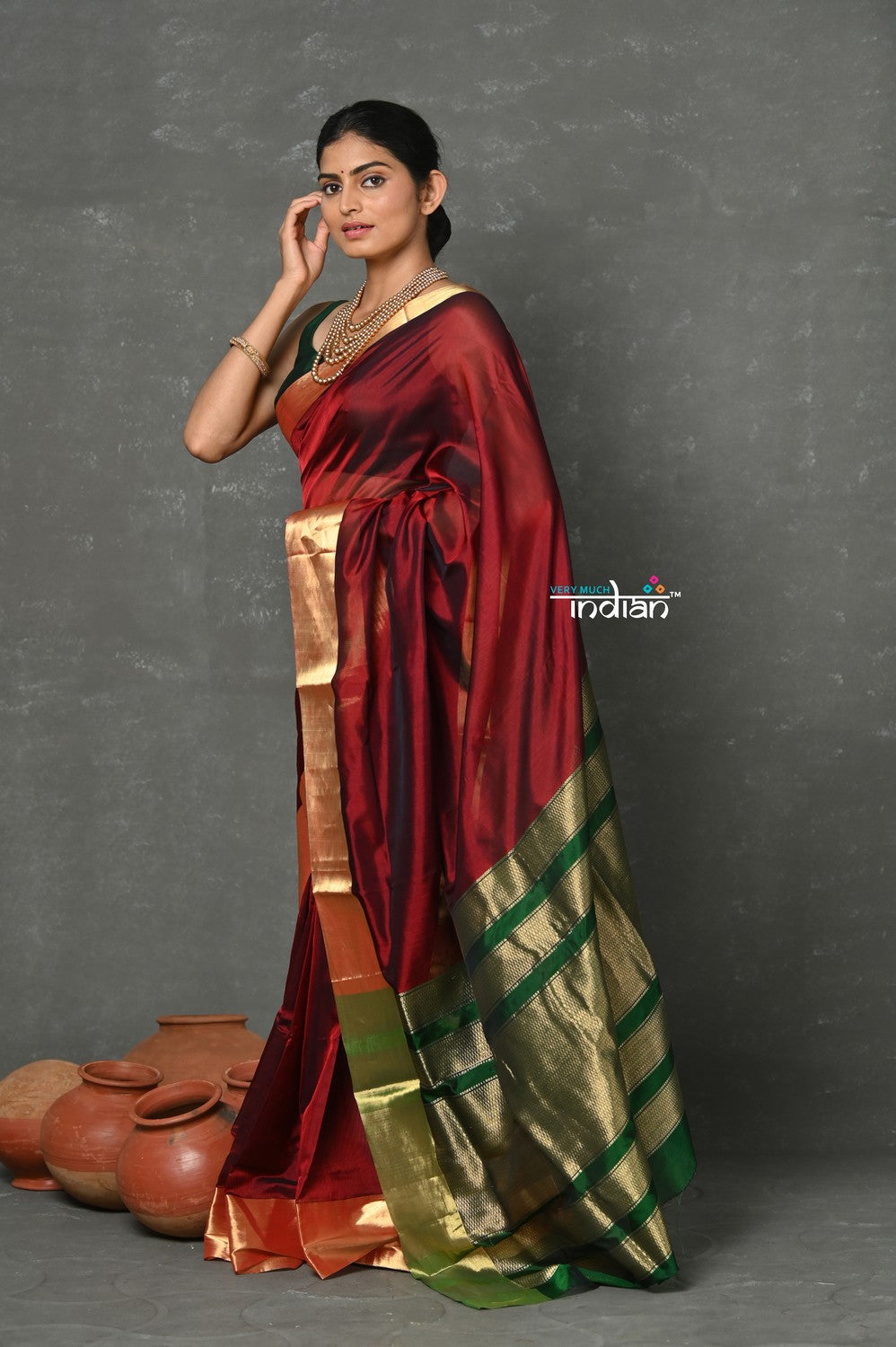 Very Much Indian Tyohaar - Handloom Pure Chanderi Cotton Silk Saree With Golden Border - Maroon | Grocsy