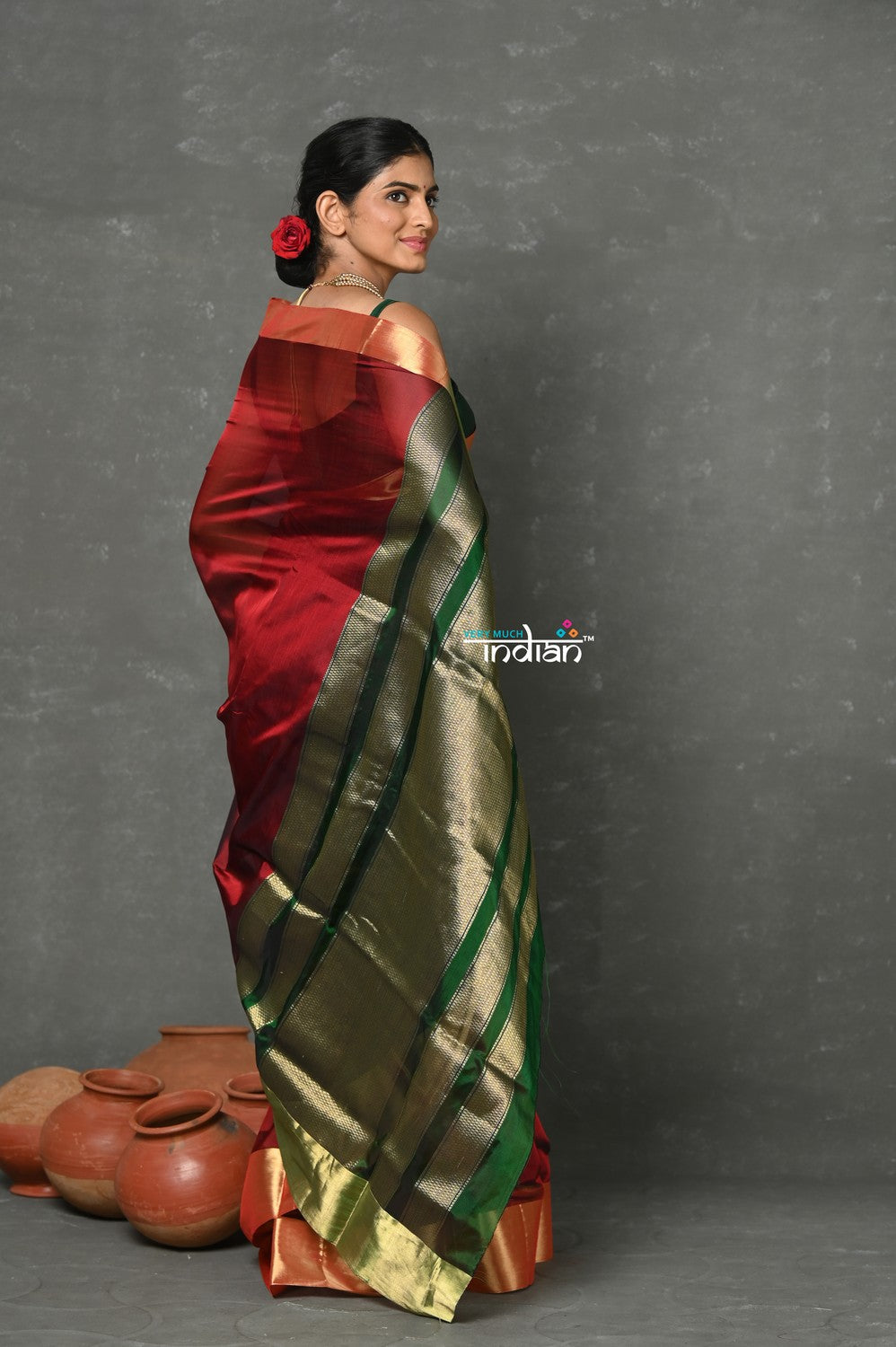Very Much Indian Handloom Pure Cotton Silk Saree With Golden Border - Maroon | Grocsy