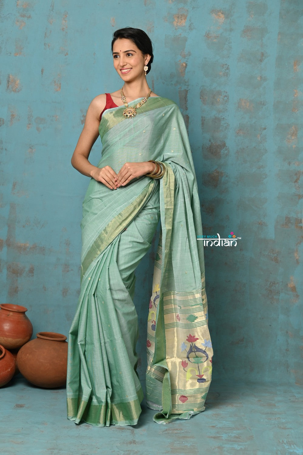Very Much Indian Tyohaar - Handloom Pure Cotton Paithani With Asawali Pallu - Sea Green | Grocsy