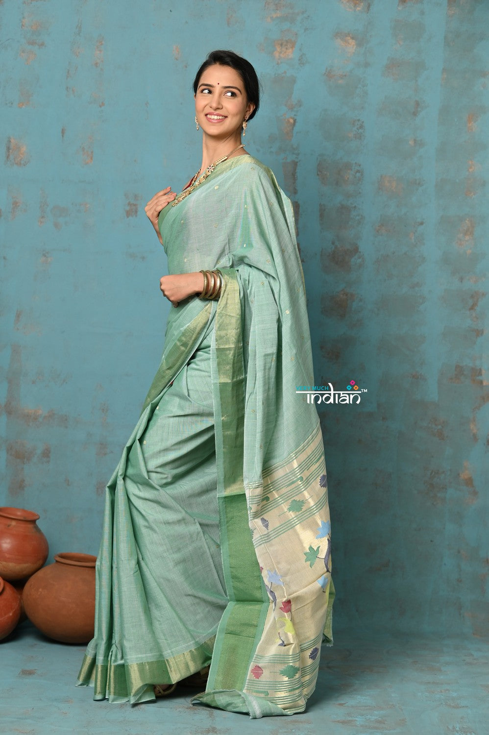 Very Much Indian Tyohaar - Handloom Pure Cotton Paithani With Asawali Pallu - Sea Green | Grocsy