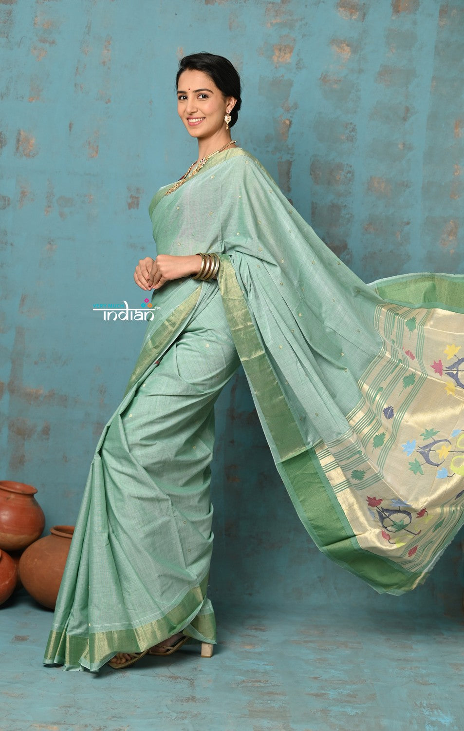 Very Much Indian Tyohaar - Handloom Pure Cotton Paithani With Asawali Pallu - Sea Green | Grocsy