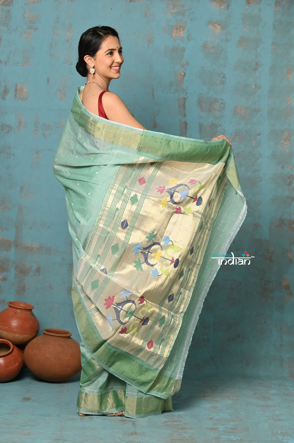 Very Much Indian Tyohaar - Handloom Pure Cotton Paithani With Asawali Pallu - Sea Green | Grocsy