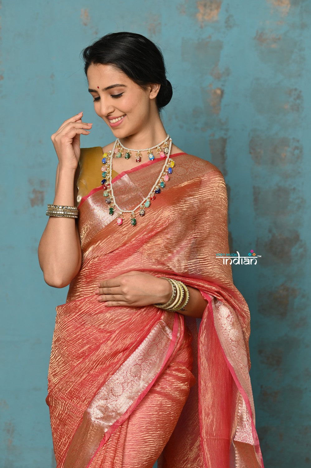 Very Much Indian Tyohaar - Exclusive! Banarasi Handloom Crushed - Pure Tissue Silk Saree - Serene Peachy Orange (Silk Mark Certified) | Grocsy