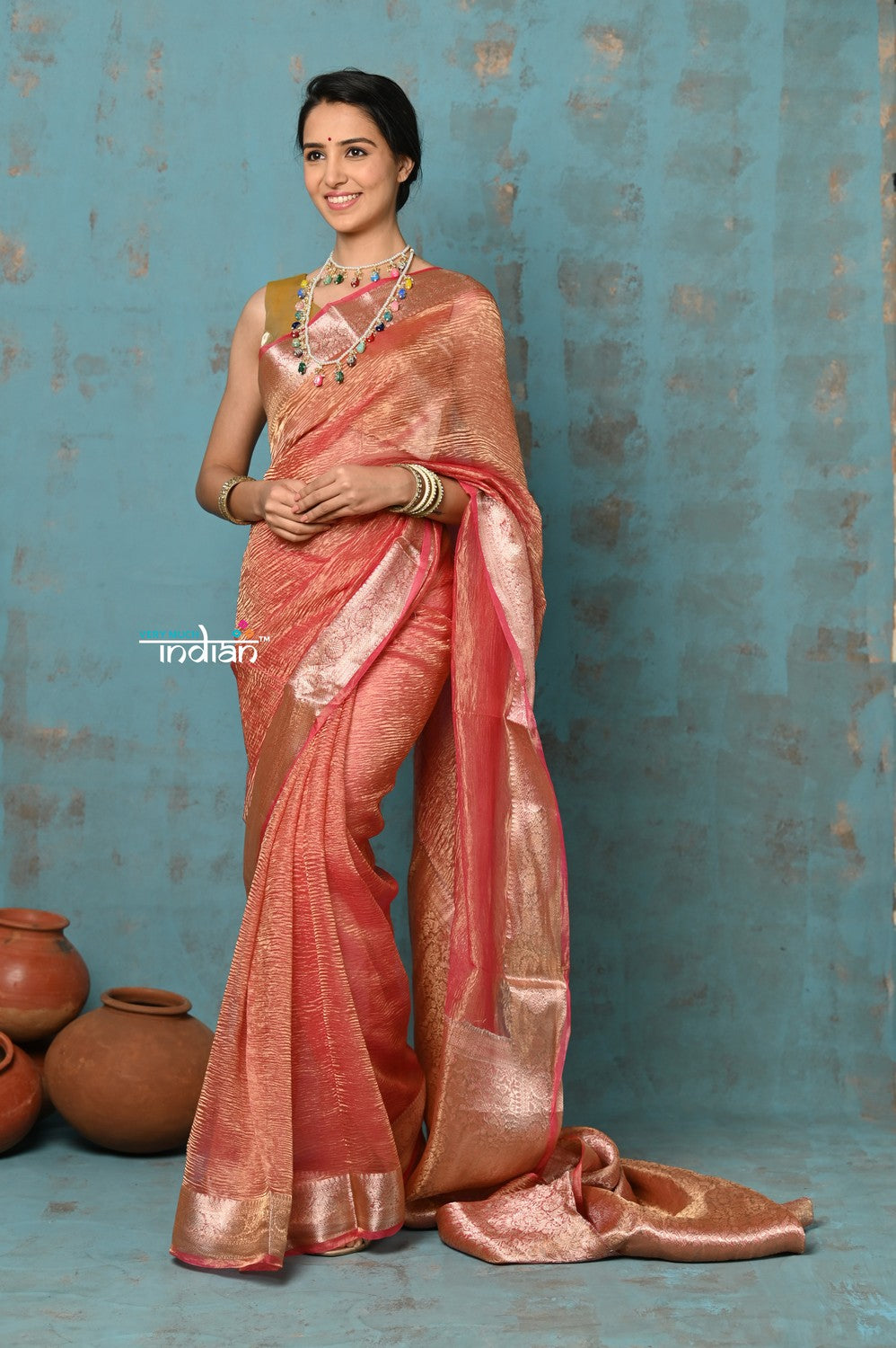 Very Much Indian Tyohaar - Exclusive! Banarasi Handloom Crushed - Pure Tissue Silk Saree - Serene Peachy Orange (Silk Mark Certified) | Grocsy