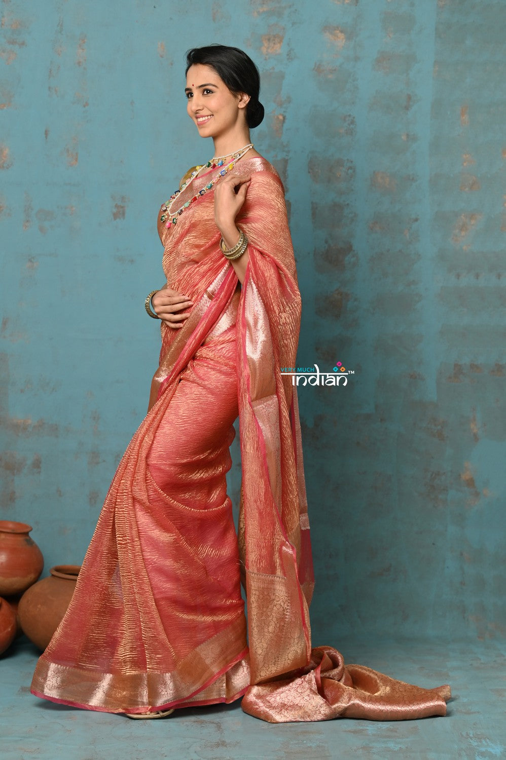 Very Much Indian Tyohaar - Exclusive! Banarasi Handloom Crushed - Pure Tissue Silk Saree - Serene Peachy Orange (Silk Mark Certified) | Grocsy