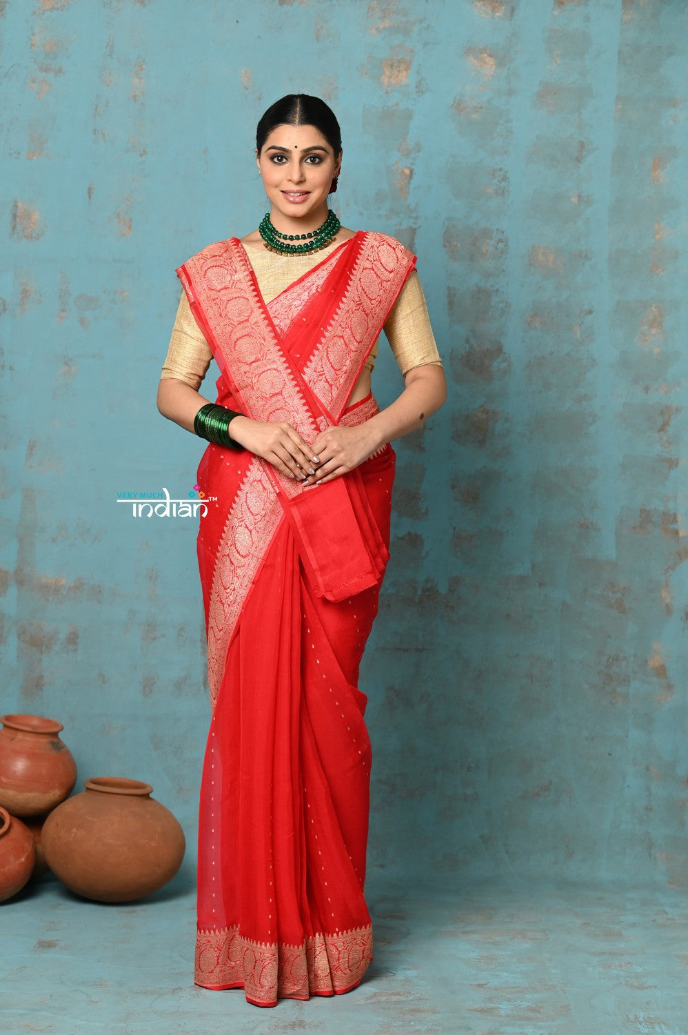 Very Much Indian Suhaani - Handloom Khaddi Georgette Saree With Sleek Border - Red (Silk Mark) | Grocsy