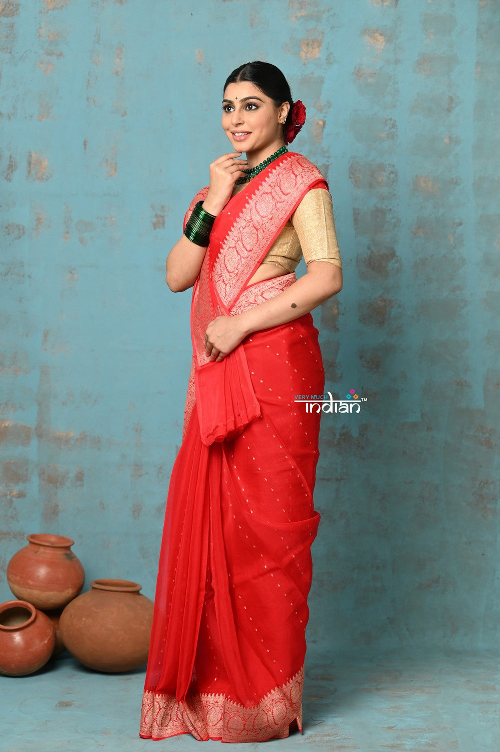 Very Much Indian Suhaani - Handloom Khaddi Georgette Saree With Sleek Border - Red (Silk Mark) | Grocsy