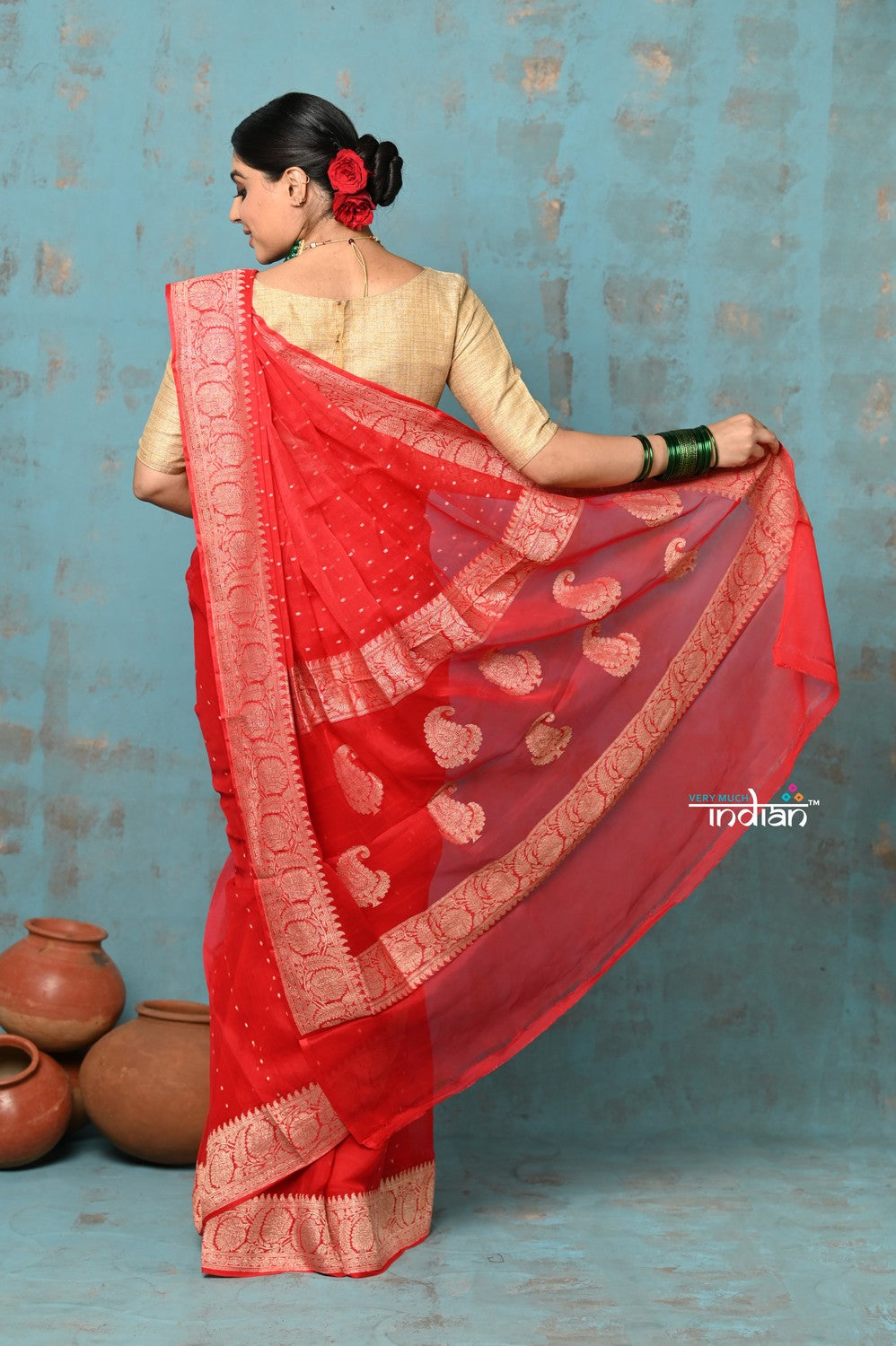 Very Much Indian Suhaani - Handloom Khaddi Georgette Saree With Sleek Border - Red (Silk Mark) | Grocsy