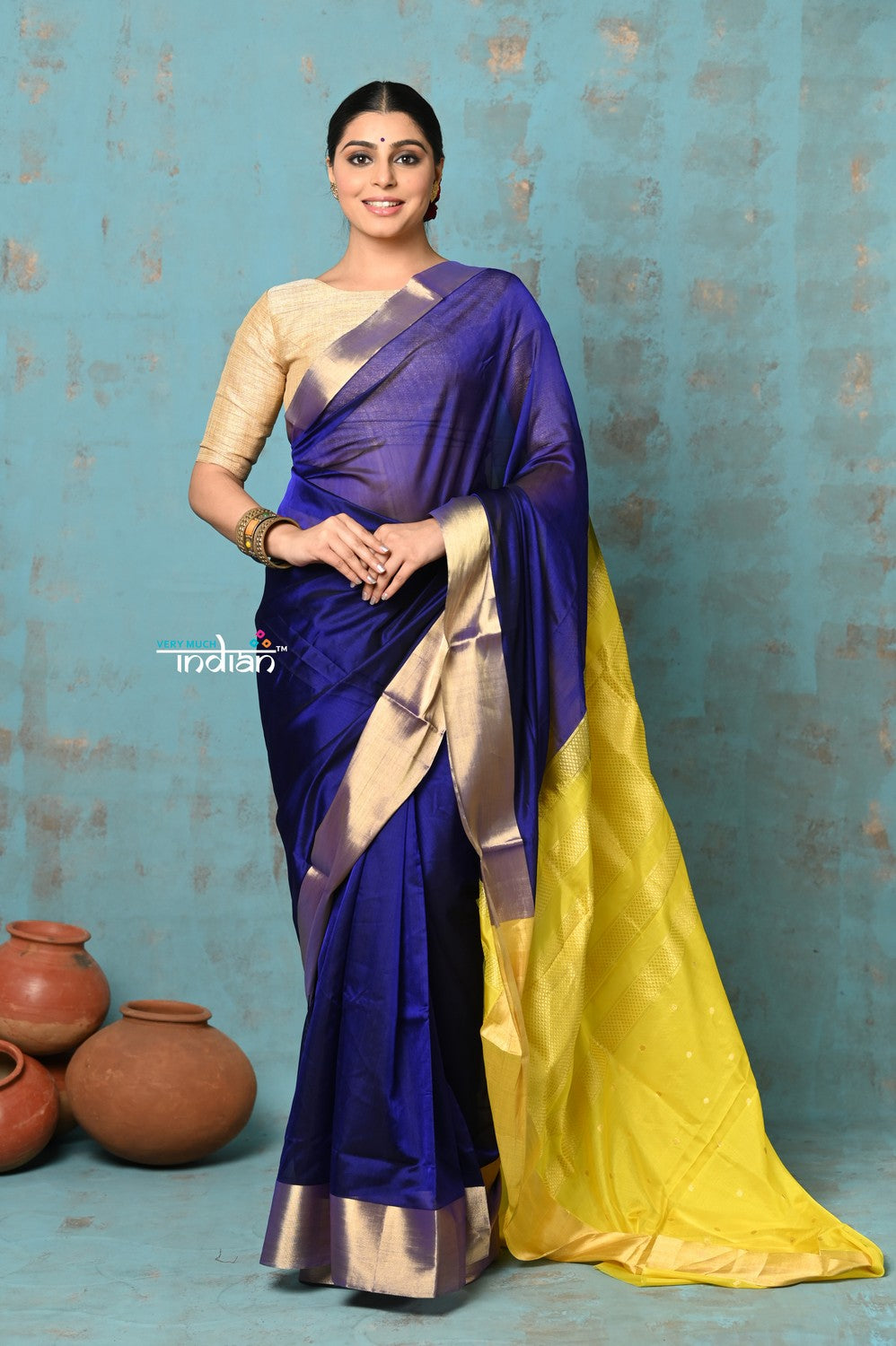 Very Much Indian Prerna - Handloom Pure Chanderi Cotton Silk Saree With Golden Border - Royal Blue | Grocsy