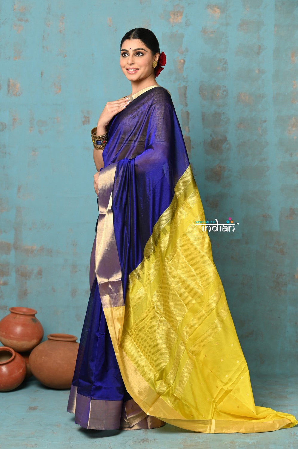 Very Much Indian Prerna - Handloom Pure Chanderi Cotton Silk Saree With Golden Border - Royal Blue | Grocsy