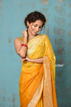 Very Much Indian Suhaani - Handloom Khaddi Georgette Saree With Sleek Border - Ombre Yellow (Silk Mark) | Grocsy