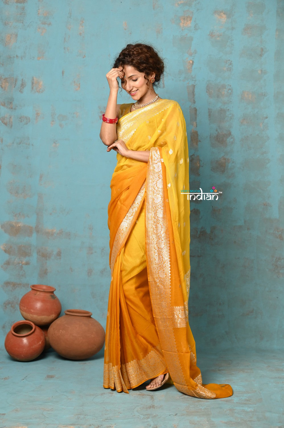 Very Much Indian Suhaani - Handloom Khaddi Georgette Saree With Sleek Border - Ombre Yellow (Silk Mark) | Grocsy