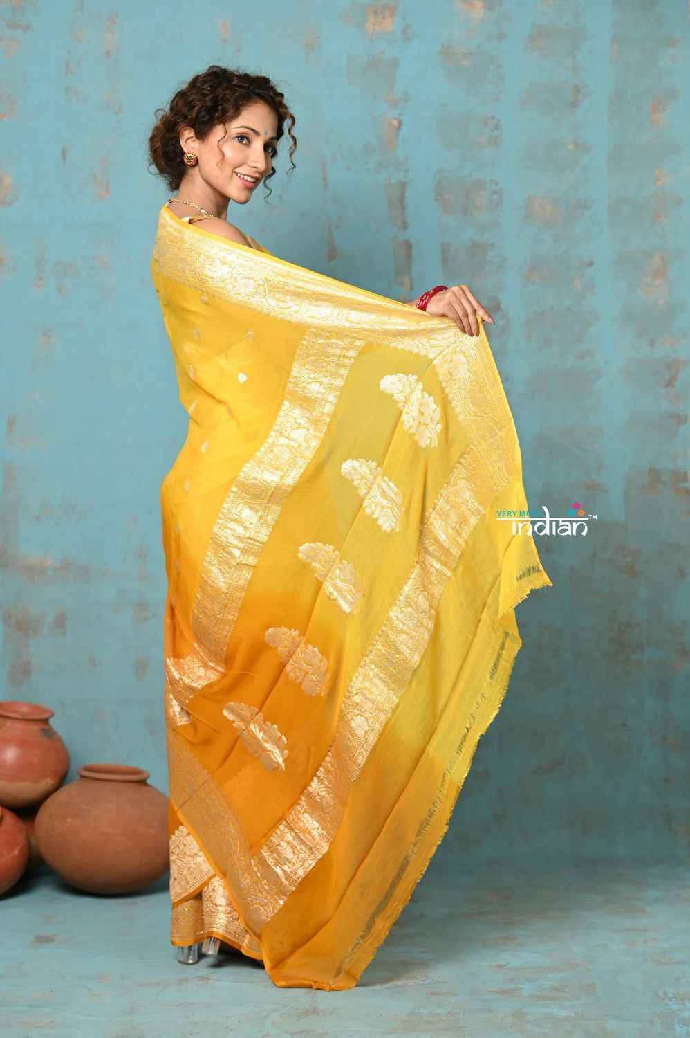 Very Much Indian Suhaani - Handloom Khaddi Georgette Saree With Sleek Border - Ombre Yellow (Silk Mark) | Grocsy