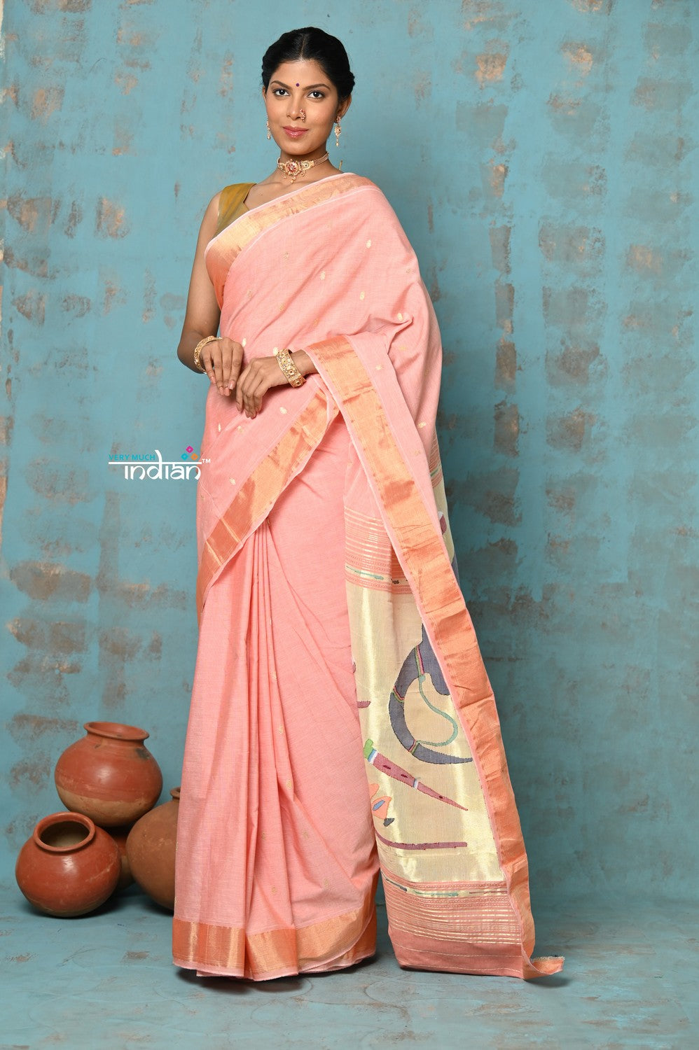 Very Much Indian Tyohaar - Handloom Pure Cotton Paithani With Instrumental Pallu - Peach | Grocsy