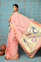 Very Much Indian Tyohaar - Handloom Pure Cotton Paithani With Instrumental Pallu - Peach | Grocsy