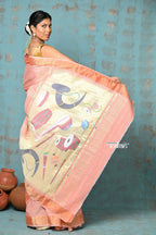 Very Much Indian Tyohaar - Handloom Pure Cotton Paithani With Instrumental Pallu - Peach | Grocsy