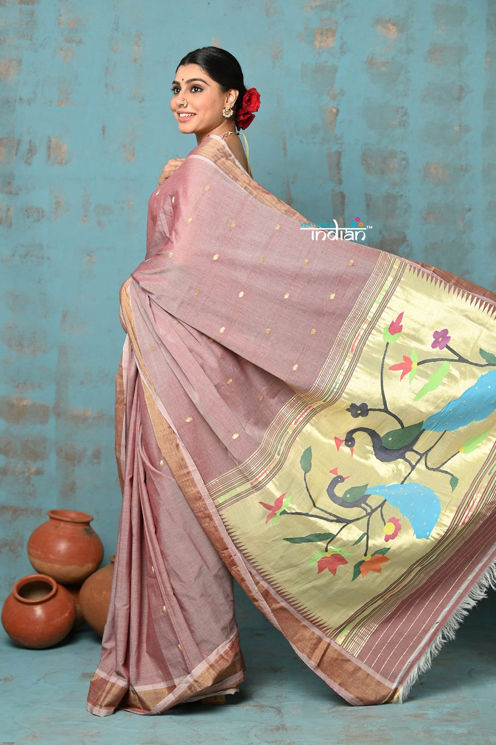 Very Much Indian Tyohaar - Handloom Pure Cotton Paithani With Peacock Pallu - Rose Gold | Grocsy