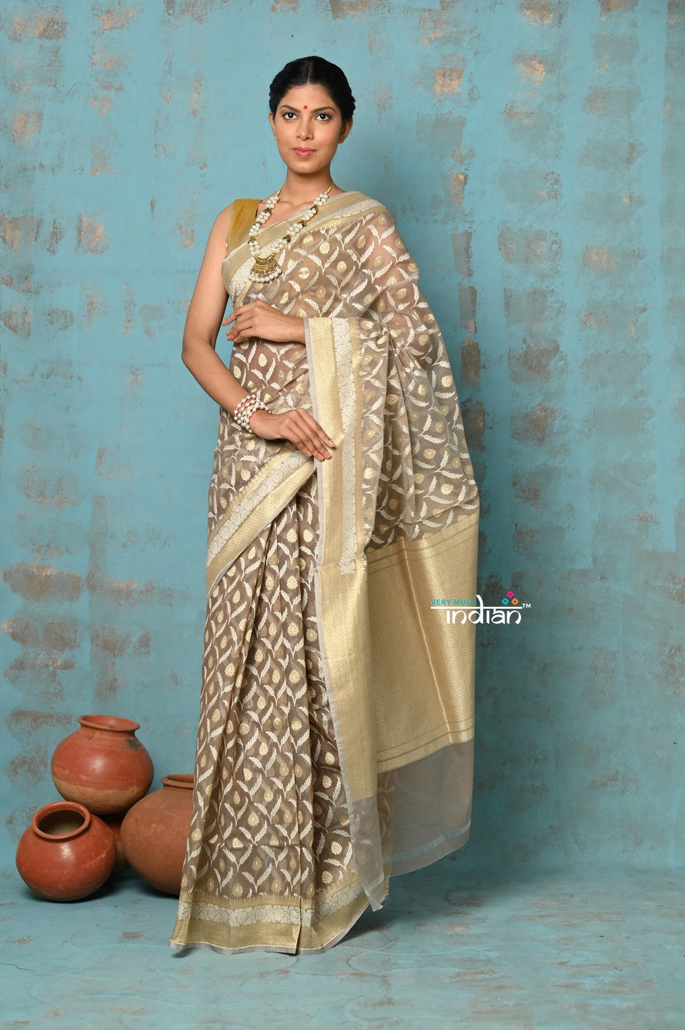 Very Much Indian Tejaswi - Exclusive High Quality Handloom Banarasi Cotton Saree with Beautiful Abstract Print- Warm Slate | Grocsy
