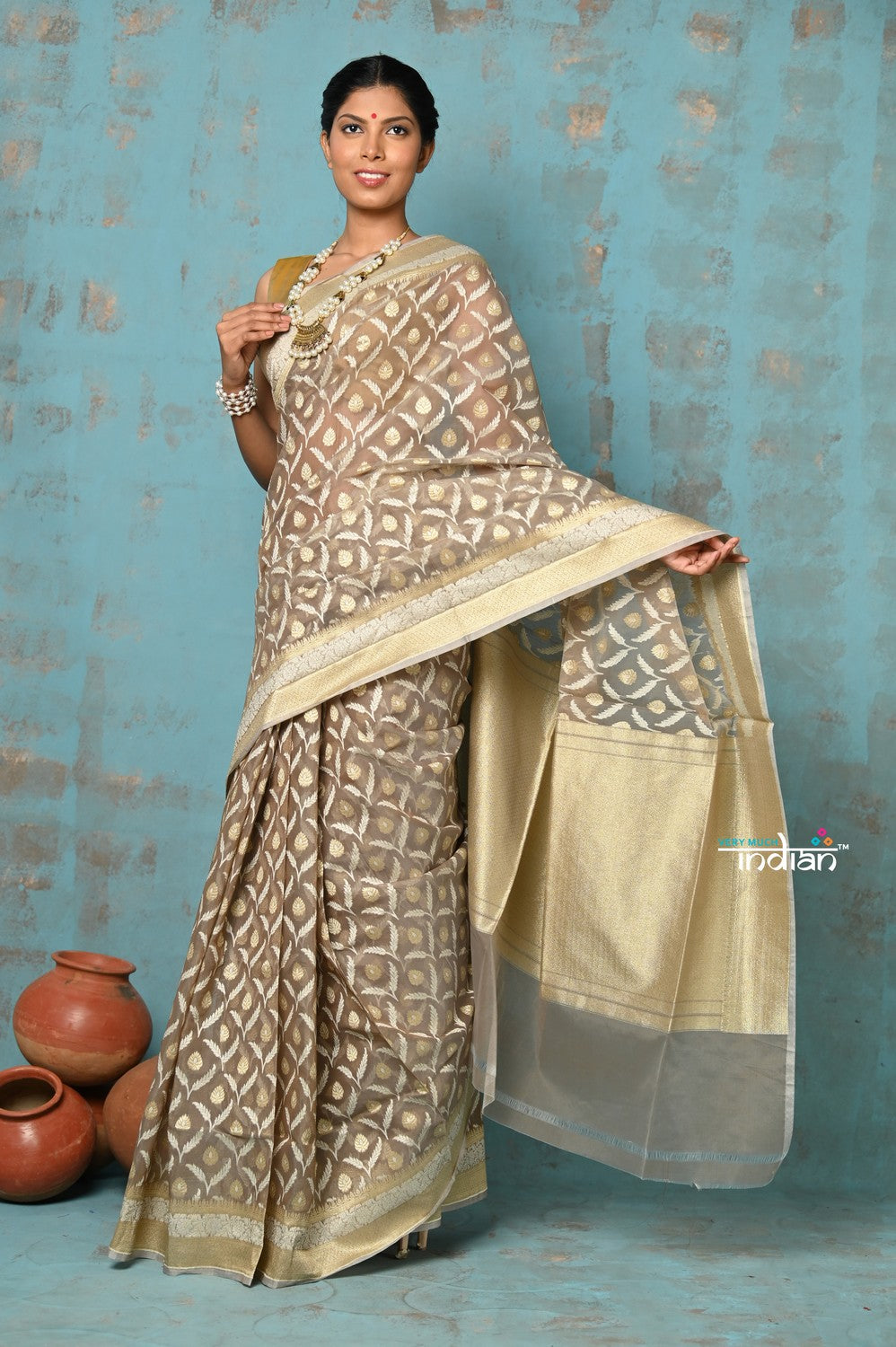 Very Much Indian Tejaswi - Exclusive High Quality Handloom Banarasi Cotton Saree with Beautiful Abstract Print- Warm Slate | Grocsy