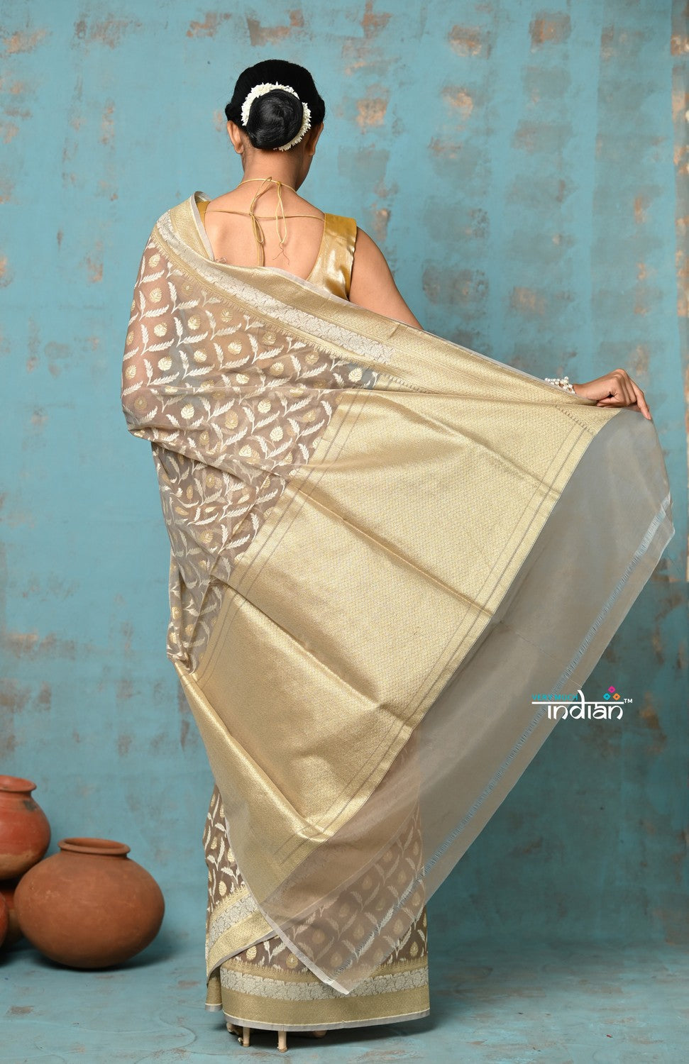 Very Much Indian Tejaswi - Exclusive High Quality Handloom Banarasi Cotton Saree with Beautiful Abstract Print- Warm Slate | Grocsy