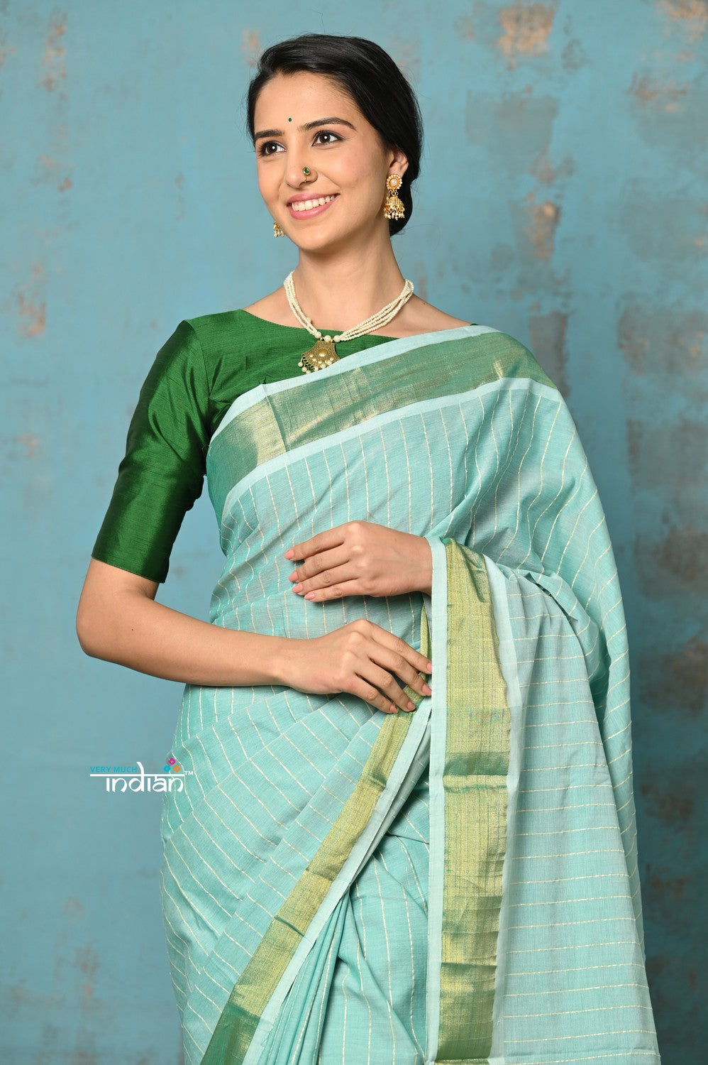 Very Much Indian Tyohaar - Handloom Pure Cotton Paithani With Revival Asawali Pallu - Sea Blue | Grocsy